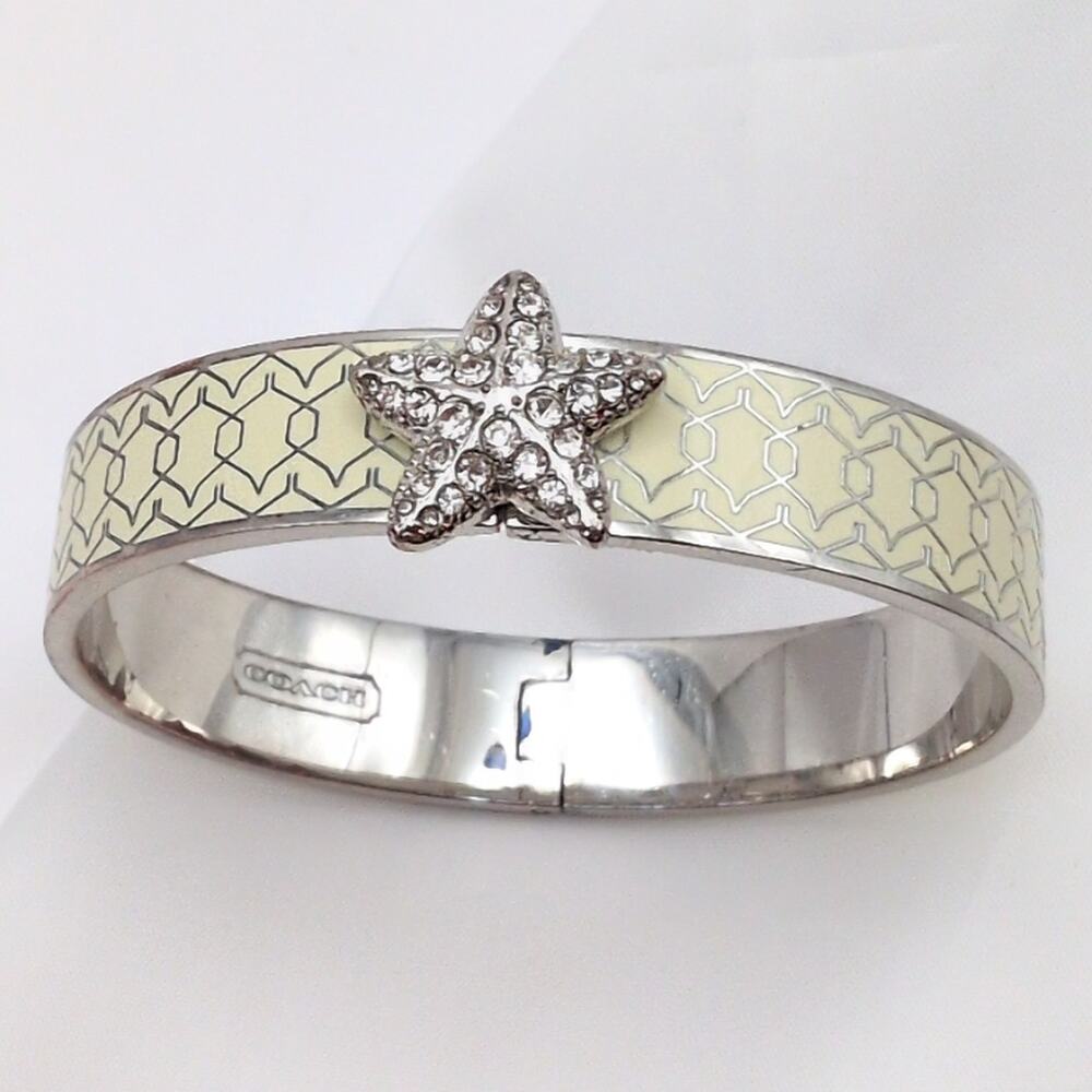 COACH Starfish Rhinestone Geometric Enamel Hinge Bangle Cuff Bracelet 7.25in